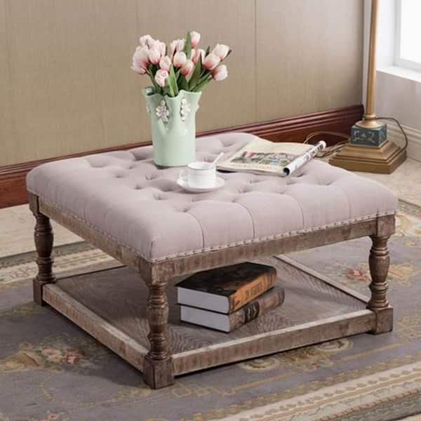 slide 1 of 1, Light Gray Tufted Shelved Cocktail Ottoman Fabric 30-inch