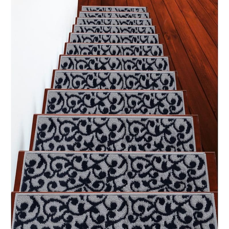 SussexHome Leaves Pattern Stair Treads - 7-PACK - Navy