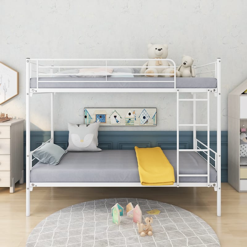 Twin-Over-Twin Bunk Bed with Metal Frame and Ladder, Space-Saving Design,White