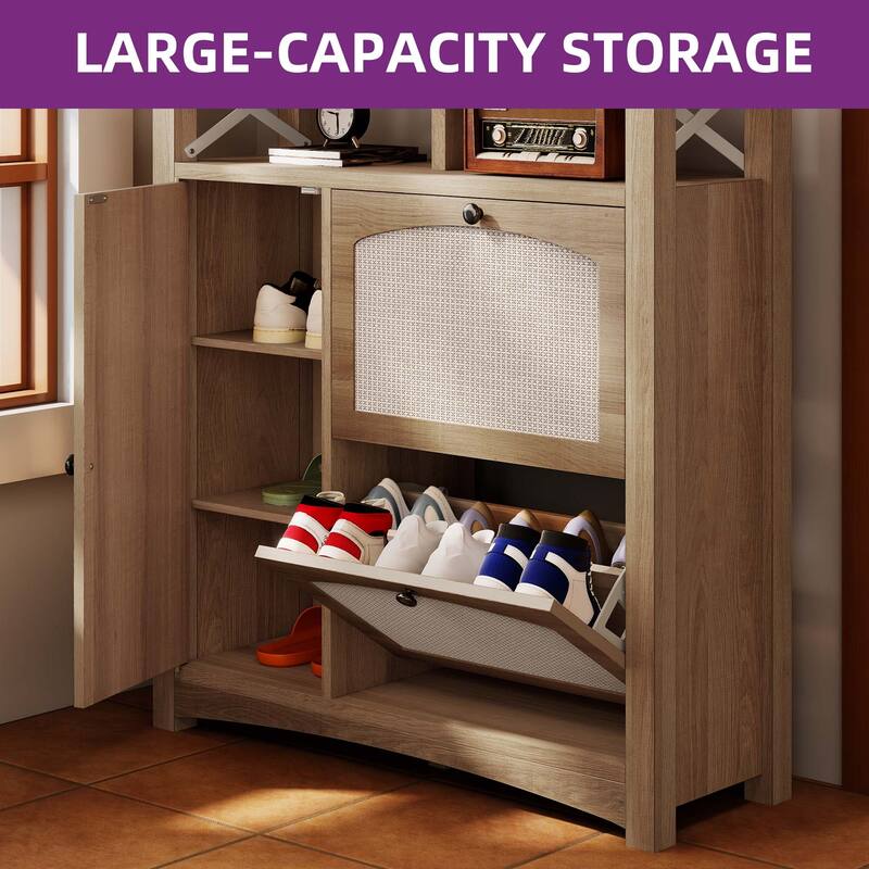 Moasis Farmhouse Rattan Shoe Cabinet with 2 Flip Drawers and Door