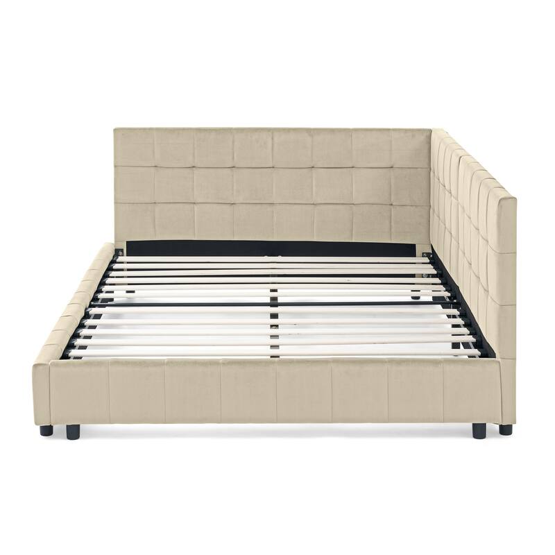 Full Size Upholstered Tufted Daybed with Backrest and Armrests, Velvet Fabric, Beige, Easy Assembly