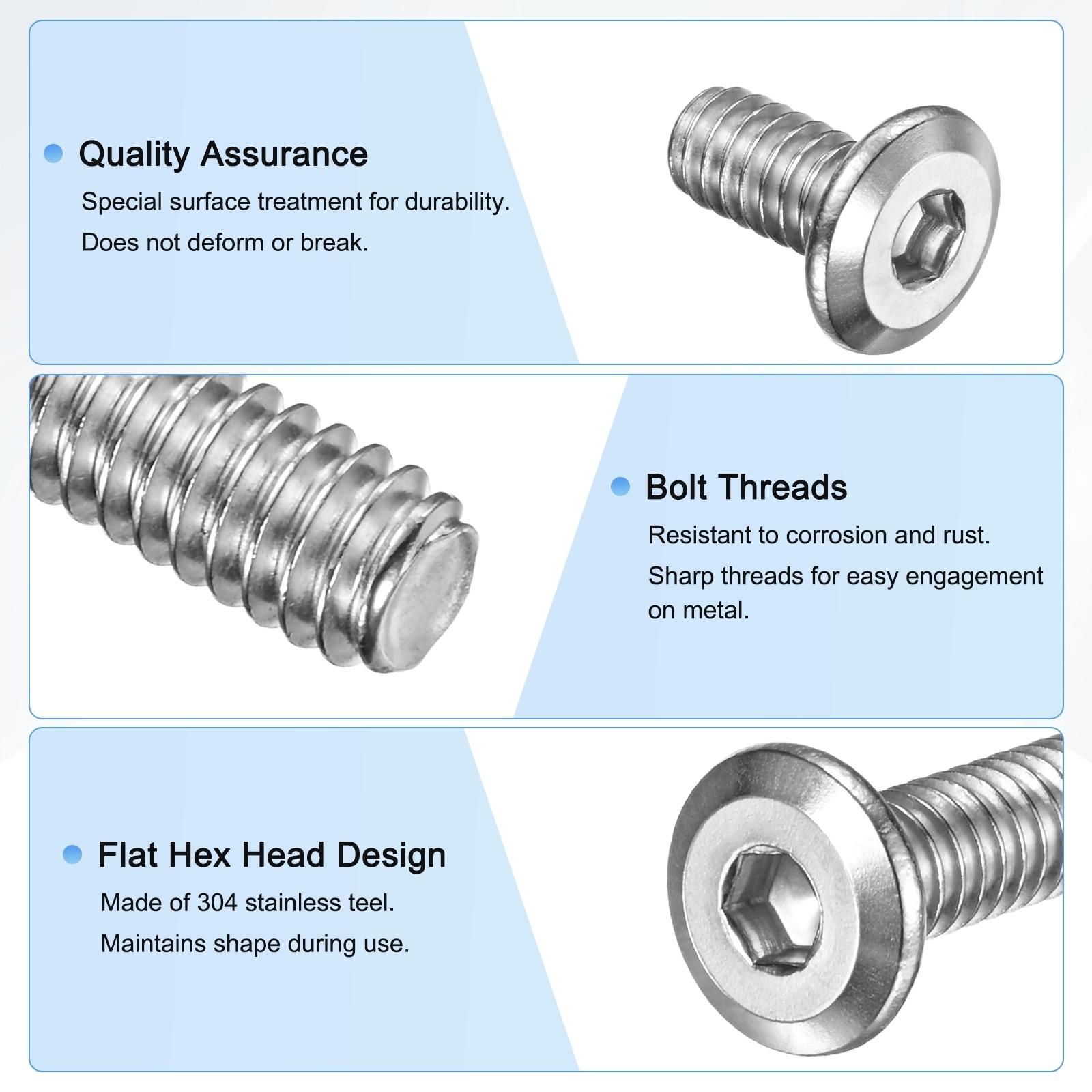 Flat Head Socket Cap Screws, 304 Stainless Steel Hex Drive Fastener Kit with Hex Key - Silver