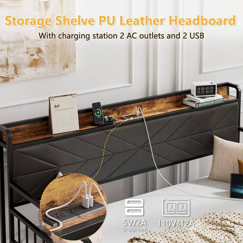 Javlergo Black Metal Daybed with USB Charging Pull-Out Trundle PU Leather Storage Headboard Space-Saving Sleeper Sofa Bed