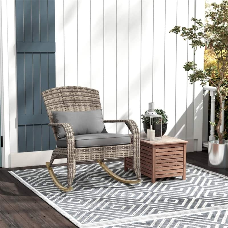 Adirondack Rocking Chair Outdoor PE Rattan with Cushions Steel Frame Patio Garden Porch - 26" W x 35" D x 38.5" H