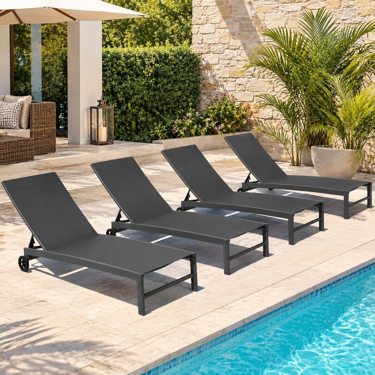 Outdoor All-Weather Adjustable Chaise Lounge Chairs Sun Lounger with Wheels
