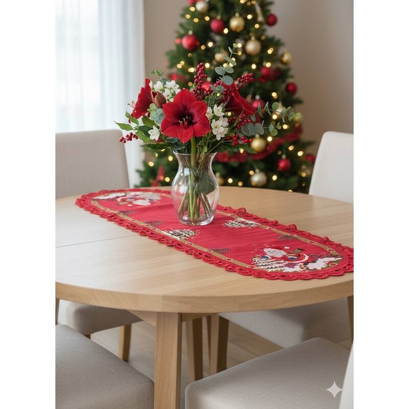 Santa Red Embroidered Cutwork Rectangular Table Runner, 15 by 34 inch