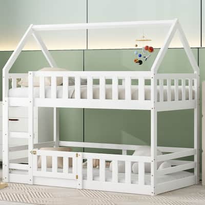 Twin House Bunk Bed for Kids with Door, Fence Guardrails, and Roof Design, Pine Wood