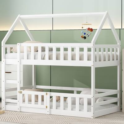 Twin Size House Bunk Bed with Sky Roof, Fence Guardrails, and Door - Solid Pine Wood Construction for Safety