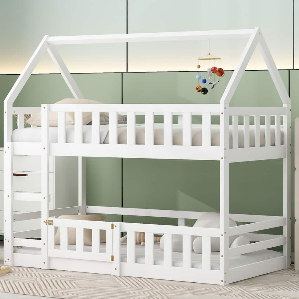 Twin over Twin House Bunk Bed with Fence Guardrail and Playful Door for Kids