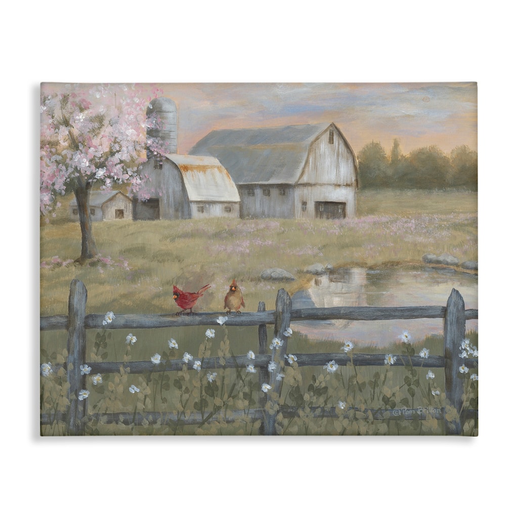 Stupell Blossoming Trees Birds Perched Country Farm Fence Canvas Wall Art, Design by Pam Britton