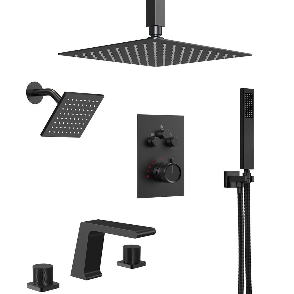 GRANDJOY 12" Rainfall & 6" Dual Shower System with 2-Handle Waterfall Faucet Set Combo Kit