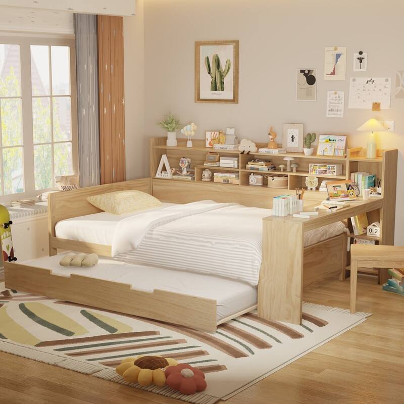 Twin/Full Size Multifunctional Daybed with Storage Shelves and Desk, Wooden Platform Bed Frame with Twin Size Trundle - Natural - Full