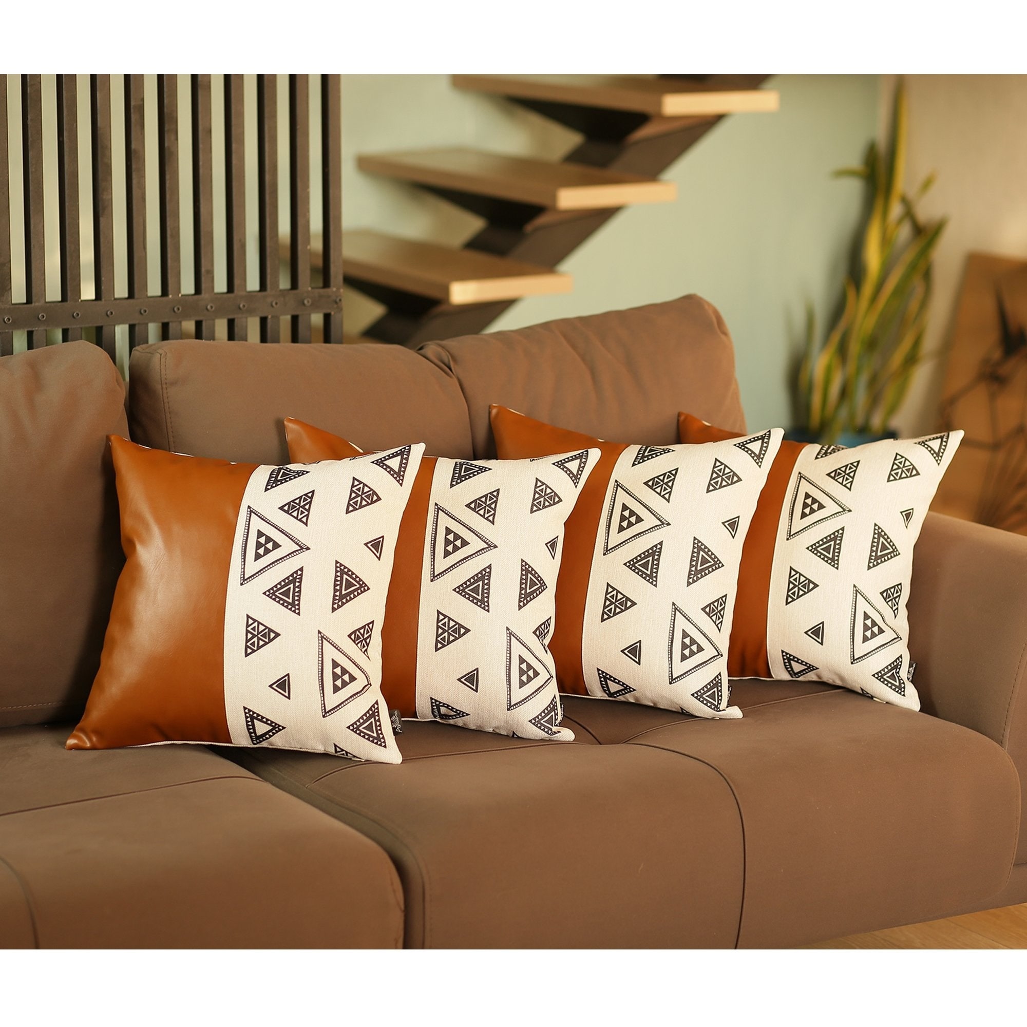 Bohemian Vegan Faux Leather Throw Pillow Covers Set of 4 Bed