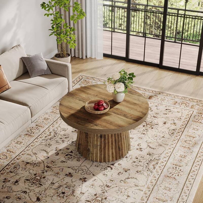 Round Coffee Table, 31.5" Modern Circle Center Table with Fluted Drum Base
