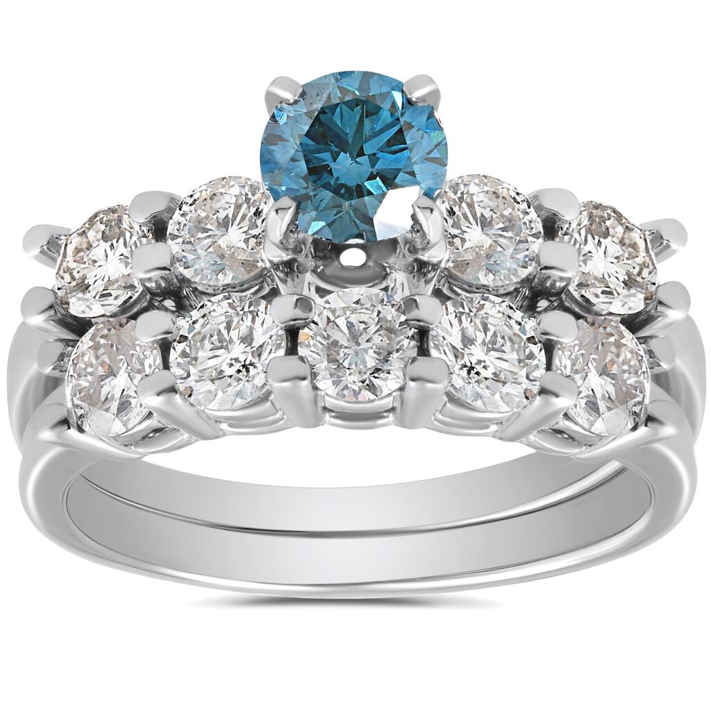 2 1/2ct Blue & White Diamond Engagement Ring Set White Gold