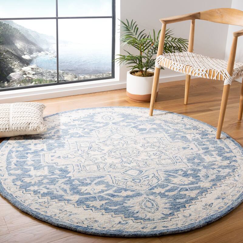 SAFAVIEH Handmade Micro-Loop Gulseven Medallion Wool Rug - 7' Round - Blue/Ivory