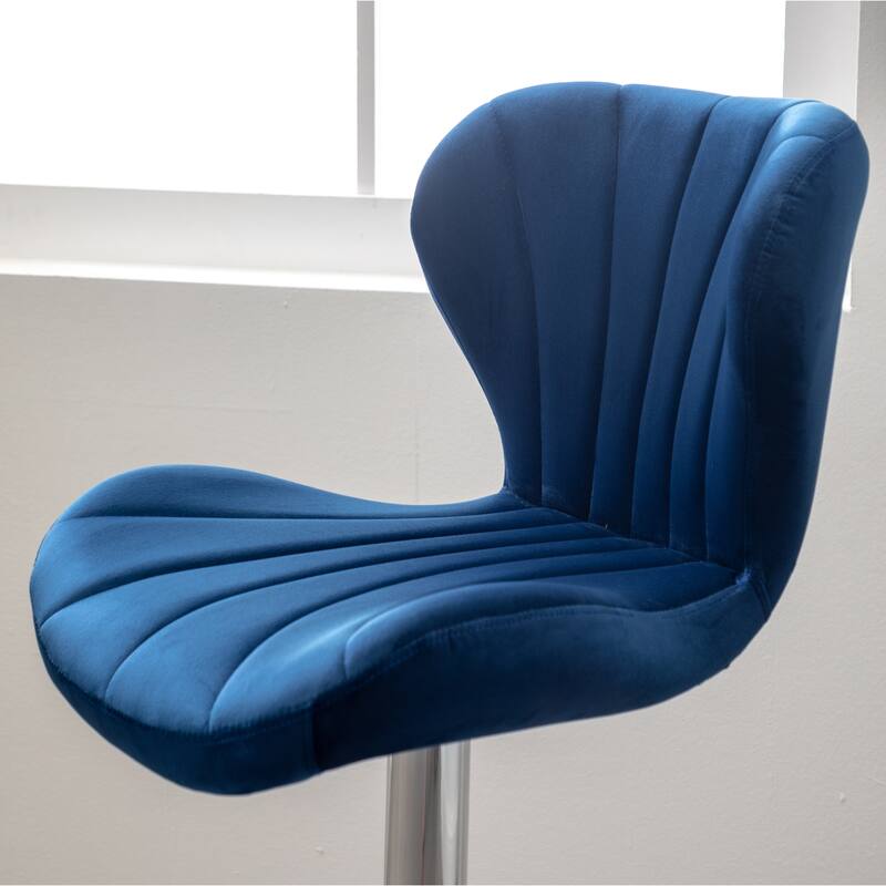 Set of 2 Adjustable Swivel Barstools with Upholstered Bucket Seats and Chrome Footrest.