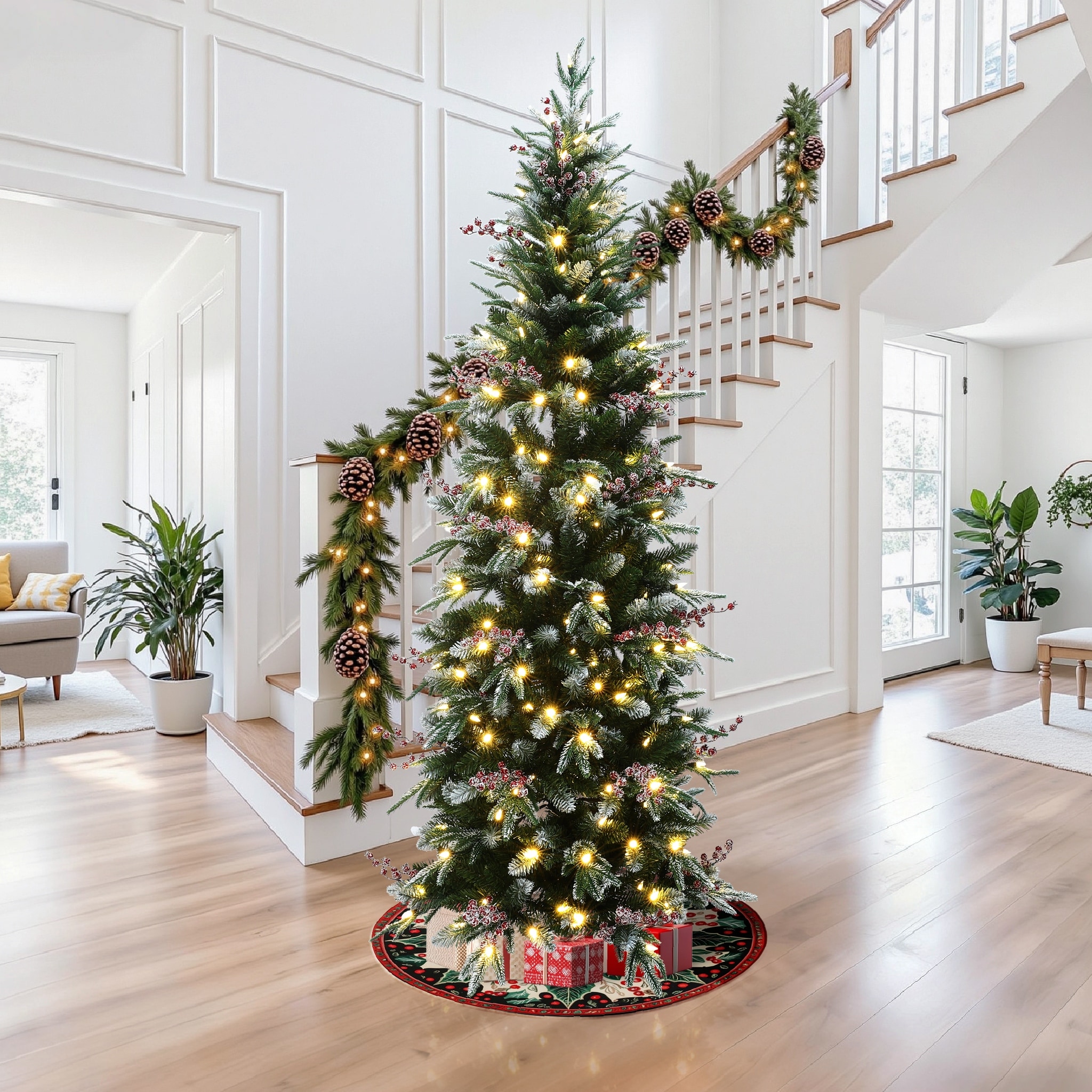 7.5Ft Pre-Lit Pencil Artificial Christmas Tree with Frosted Tips and Red Berries - 90" H x 33.6" Diameter