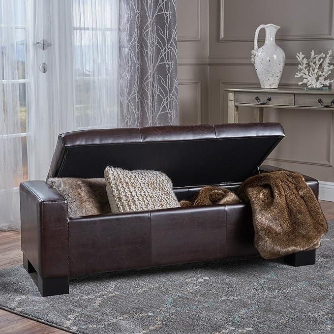 51" Tufted Storage Ottoman Bench with Upholstered Seat, Large Faux Leather Storage Bench for Living Room, Entryway, Bedroom