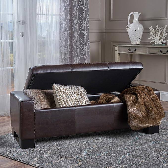 Roomfitters Tufted Faux Leather Storage Ottoman Bench with Armrests, Entryway or Bedroom Seat