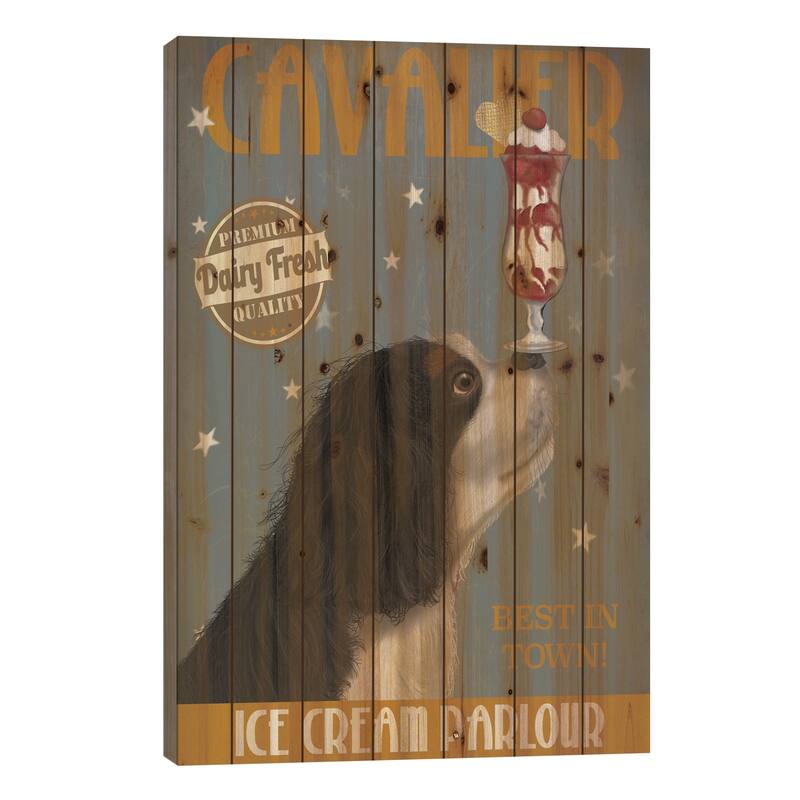 Cavalier King Charles (Black White) Ice Cream Parlour Print On Wood by Fab Funky - Multi-Color - 26x18x1.5