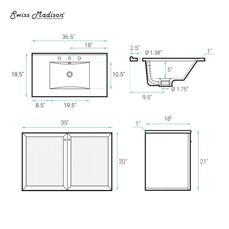 Classe 36" Wall-Mounted Bathroom Vanity In Brown Oak With Widespread Faucet Holes Vanity Top - 36