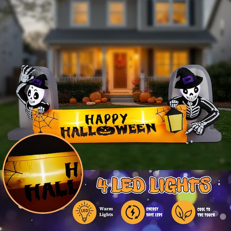 Outdoor Halloween Inflatable Banner 9.6 ft with Glowing LED Skeletons Tombstone Decoration