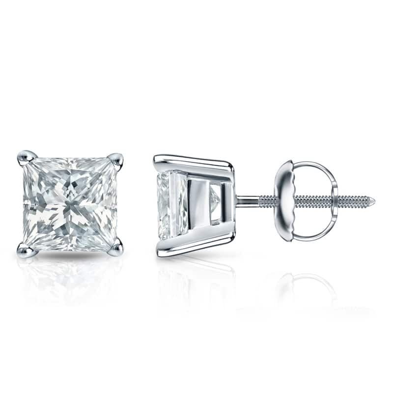 Auriya 14k Gold Lab Grown Princess Diamond Stud Earrings 0.50 to 5.00 ct. tw. 4-Prong Basket Screw-Back (F-G VS) - White - 2.00 ct. tw.