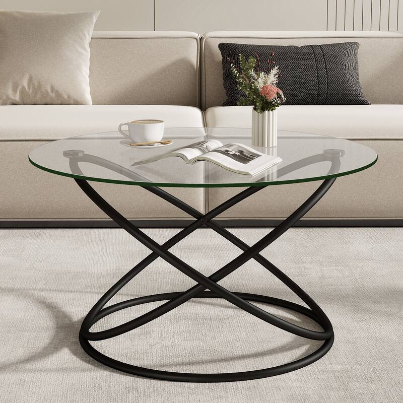 Tempered Glass Top Round Coffee Table with Metal Base