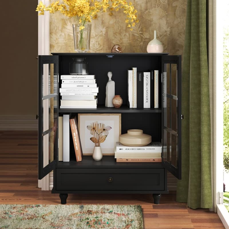Modern Buffet Cabinet with Adjustable Shelves and Display Glass Doors for Versatile Living Room Storage