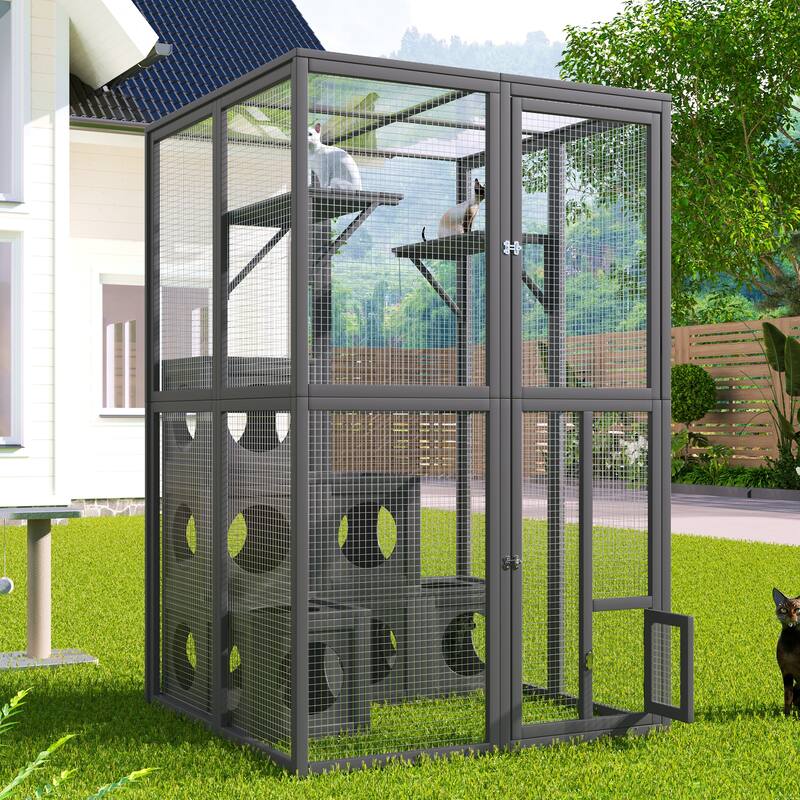 Catio Outdoor Cat Enclosure, Wooden Cat House with Double Enter Doors & Climbing shelves, Cat Cage Playpen with 7 Wood Boxes