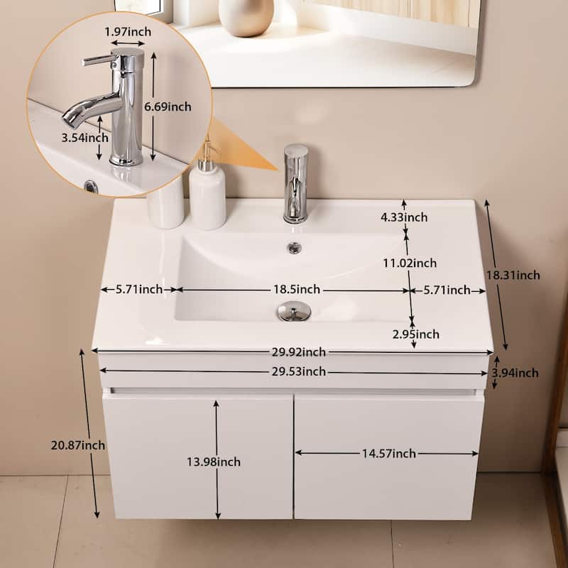 Zenova Bathroom Vanities Cabinet with Sink Combo, Wall Mounted Floating Cabinet - 26"