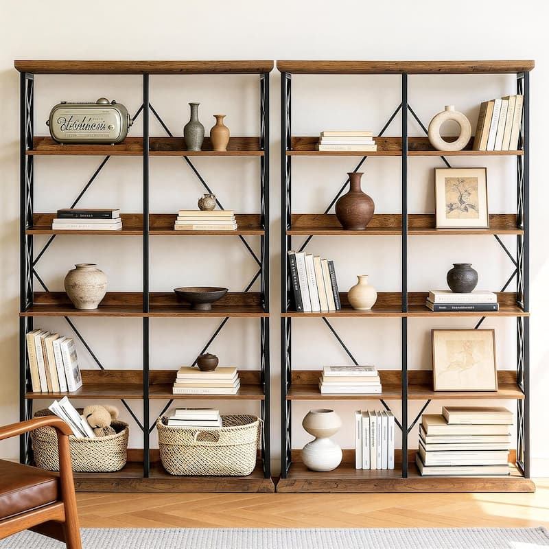 75" Tall Industrial Bookshelf, 6-Tier Wide Wooden Bookcase with 12 Shelves - 47.2" W x 11.8" D x 75" H