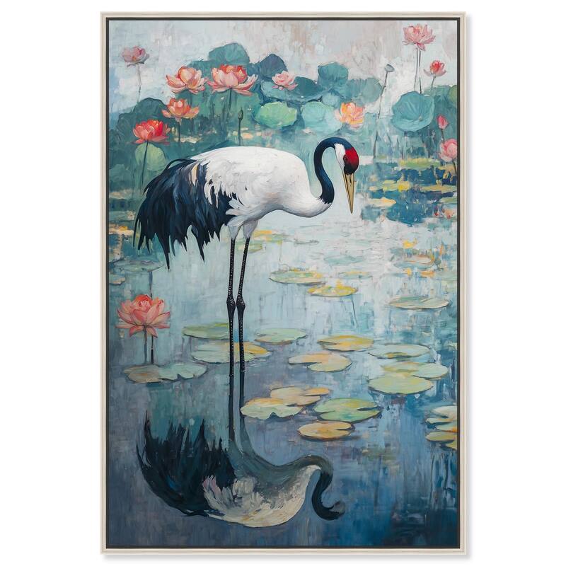 Crane in Lilies II Canvas by Art Remedy - Silver - 24" x 36"