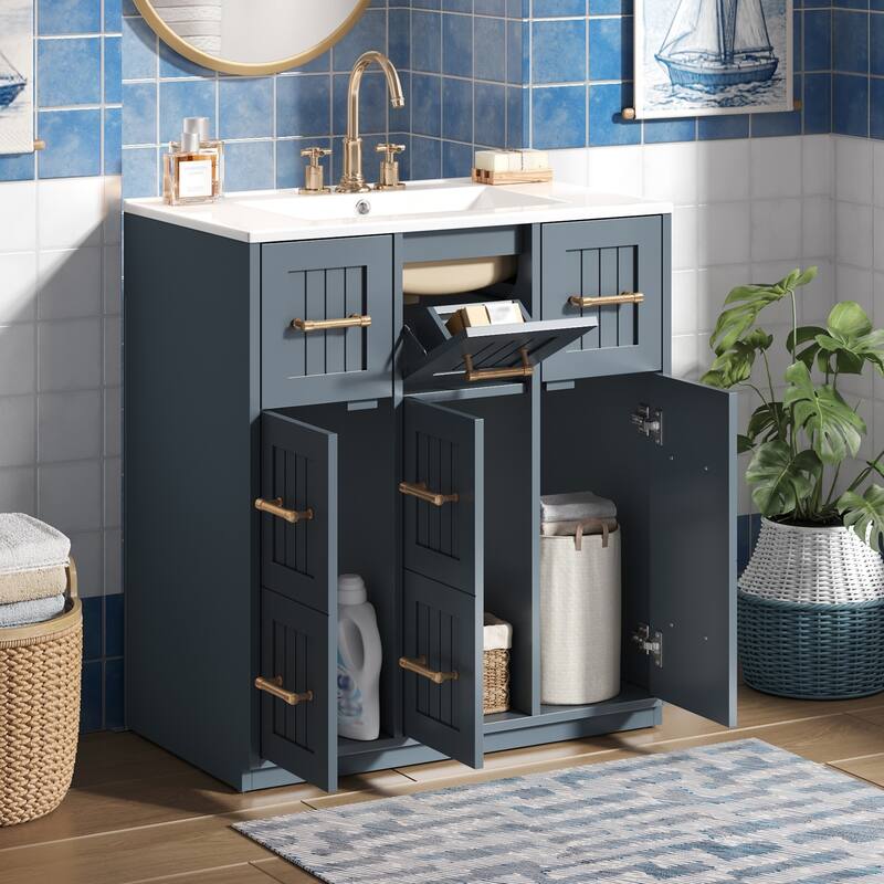 30" Freestanding Bathroom Cabinet with Integrated White Ceramic Sink - 30'' x 18.4'' x 33.8''