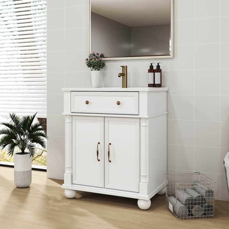 28-36 inch Transitional Single Bathroom Vanity with Ceramic Sink - White - 27.8''