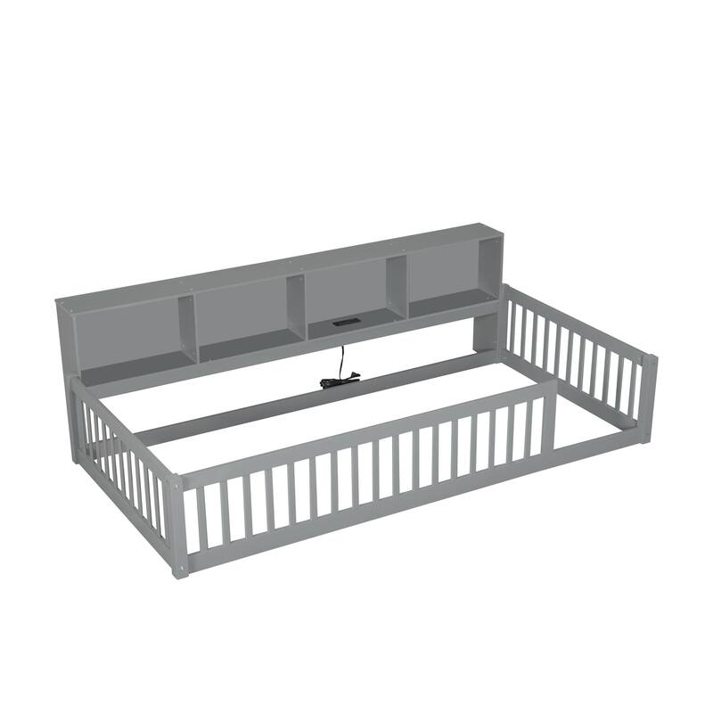 Twin XL Size Floor Bed with Built-in Storage Cabinets, USB Ports, and Charging Station, Perfect for Kids and Small Rooms