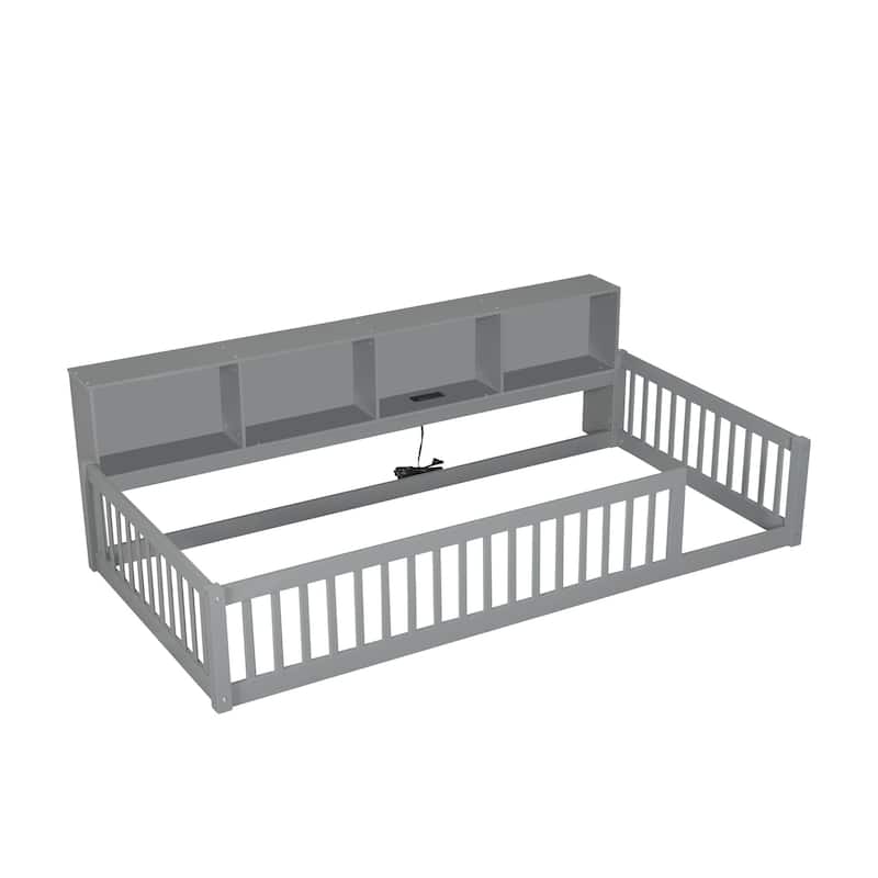 Wood Twin XL Size Floor Bed with Storage Cabinets and USB Ports