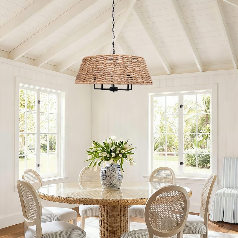 Farmhouse 5-Light Rattan Drum Chandelier Coastal Pendant for Kitchen Island Dining Room - 26" W x 13" H