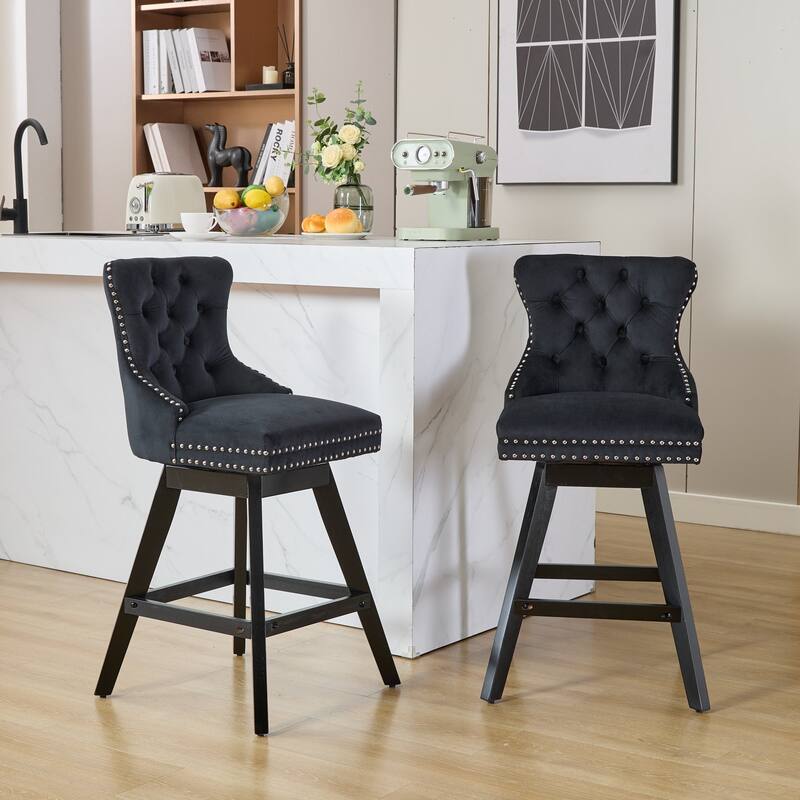 Swivel Bar Stools Set of 2, Velvet Counter Height Barstools with Wooden Legs, Kitchen Island Chairs with Button Backrest
