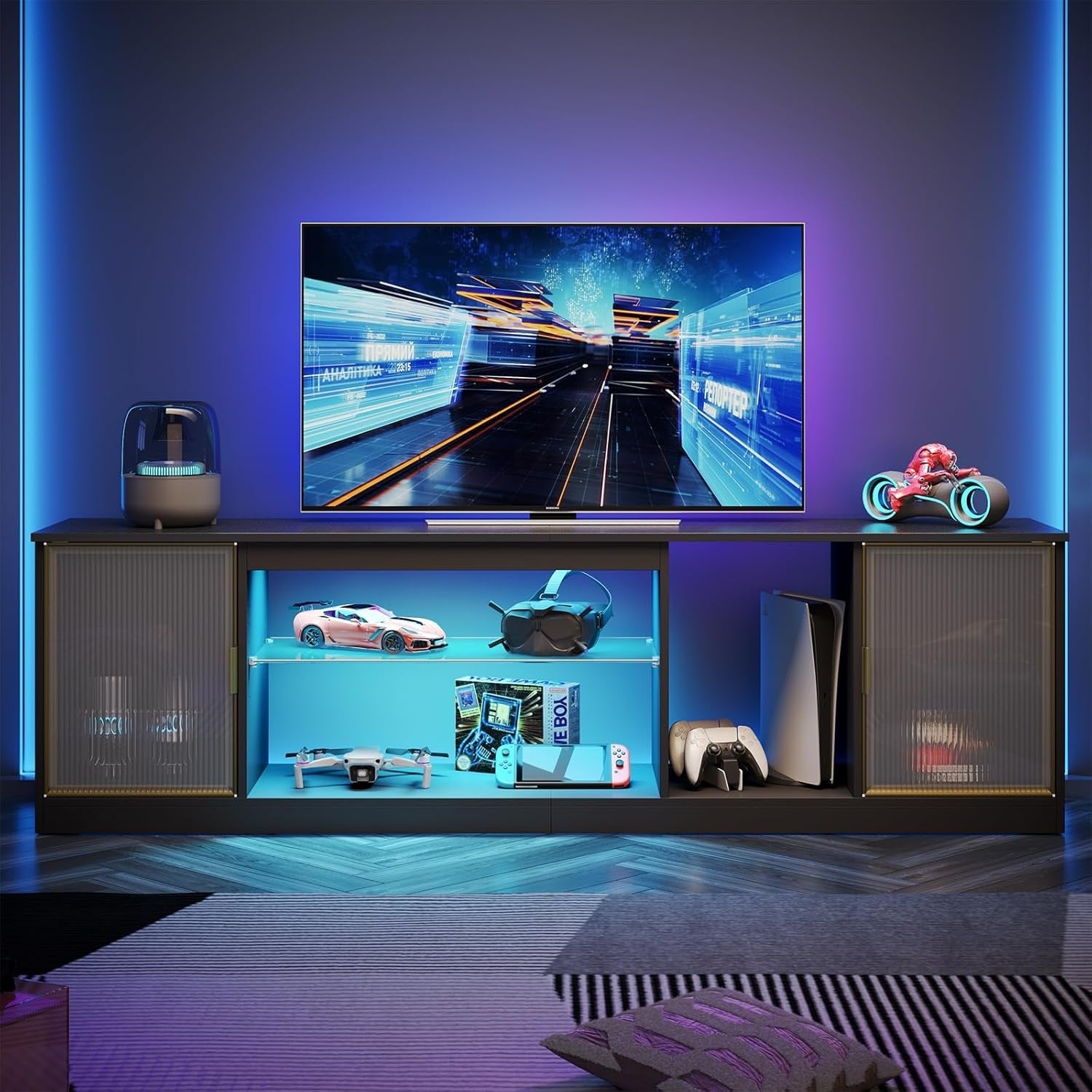 TV Stand for 75-80" with Acrylic Doors & Adjustable Shelf, 70" Media Console for PS5, Living Room