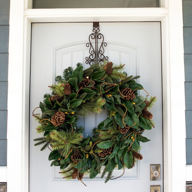 30 in. Holiday Wreath with Lights - Magnolia Leaf - Green