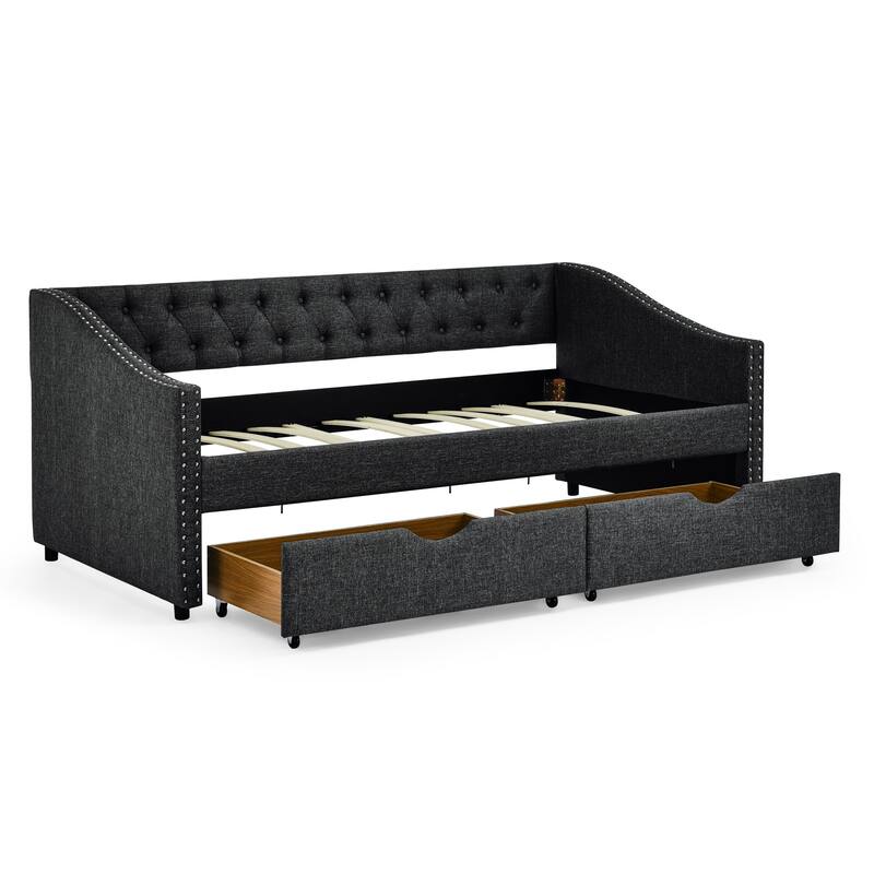 Twin Size Linen Upholstered Daybed Frame with 2 Drawers, Buttons Tufted Backrest, Copper Nail Decoration
