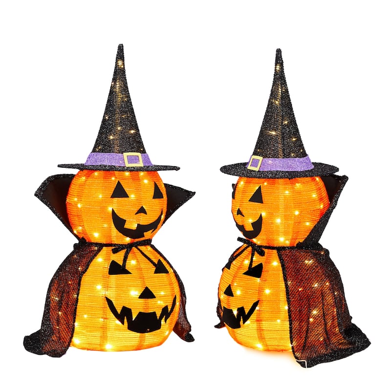 2-Pack 3 Feet Halloween Pumpkin Decorations with 176 Warm LED Lights for Indoor or Outdoor Use - 12"Dia x 36"H