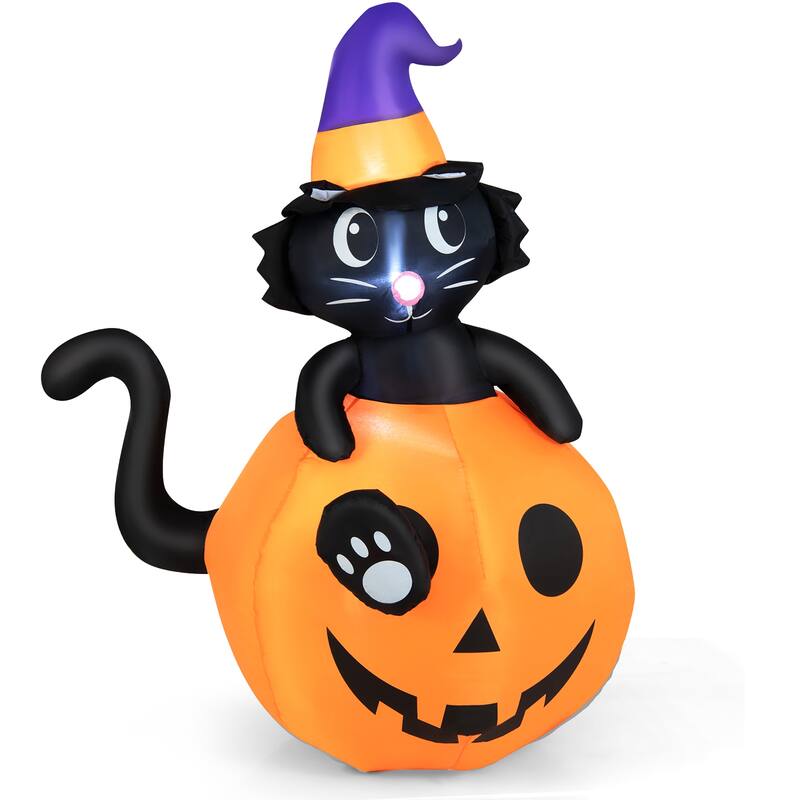 5FT Inflatable Halloween Pumpkin with Black Cat Lighted Blowup Pumpkin - Orange, Purple, Black