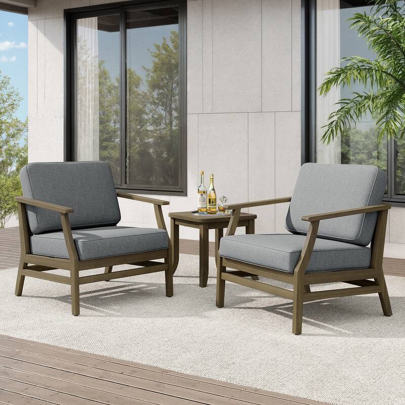Teak Outdoor Bistro Set with Weather-Resistant Cushions (3-Piece Set) - Natural/Light Grey