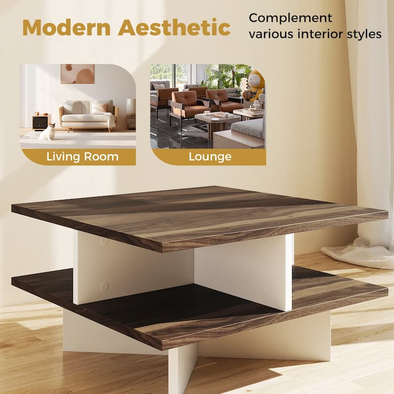 Stylish 2-Tier Multi-Functional Coffee Table with Storage Shelves and Cross-Shaped Base for Home Use - 24" x 24" x 13"