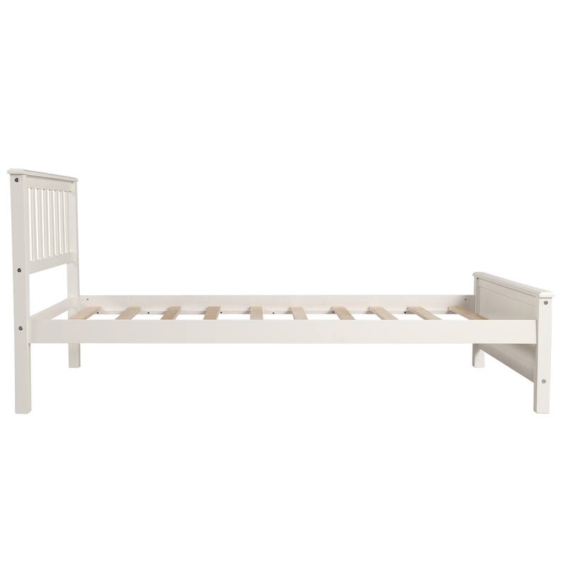 White Twin Size Wood Platform Bed with Headboard and Footboard, Solid Pine Wood Construction, Walnut Finish