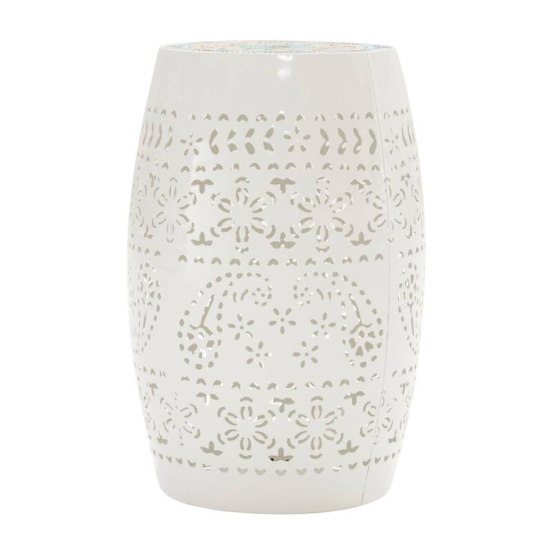 18.25" Modern Round Side Table with Boho Pattern Ceramic Tile Top and Unique Color Iron Frame