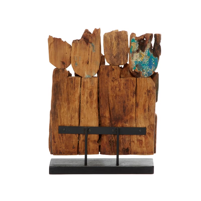 Brown Teak Wood Handmade Carved Abstract Decorative Sculpture with Faces - 13 x 4 x 16